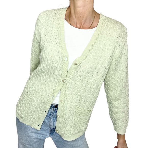 Vintage Laura Petites pale mint green cable knit grandma cardigan sweater - Picture 1 of 10